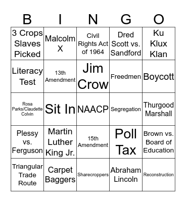 Slavery/Jim Crow/Civil Rights BINGO Card