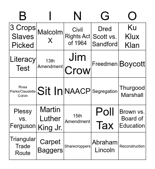 Slavery/Jim Crow/Civil Rights BINGO Card