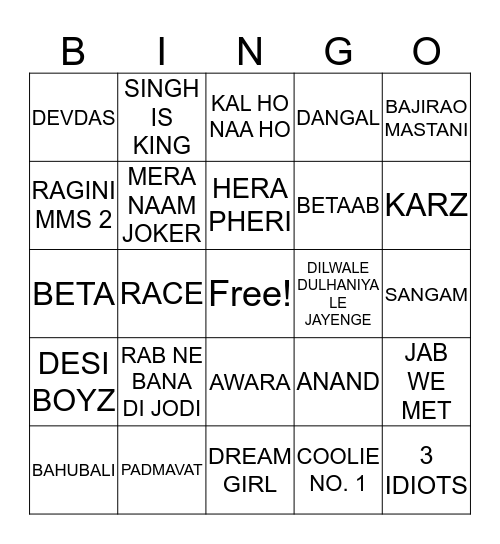 BOLLYWOOD BINGO Card