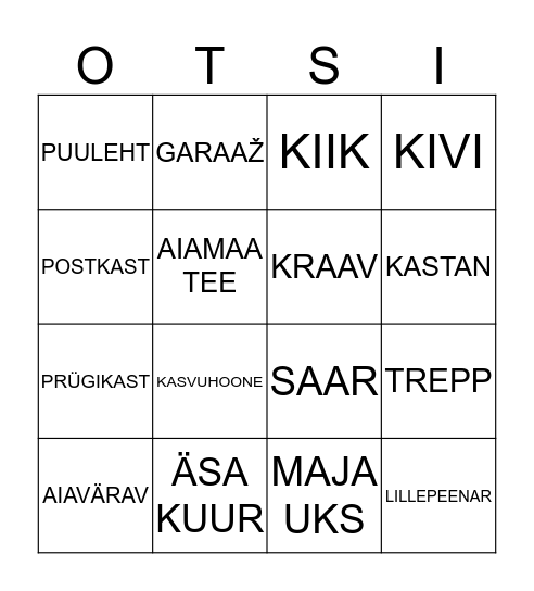 Otsimise mäng Bingo Card