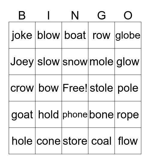 LONG VOWEL O Bingo Card