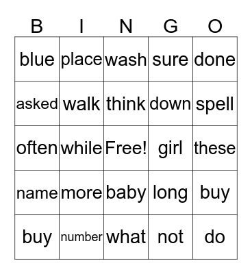 Word Wall Word Bingo Card