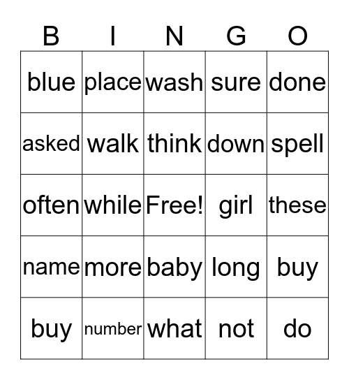 Word Wall Word Bingo Card