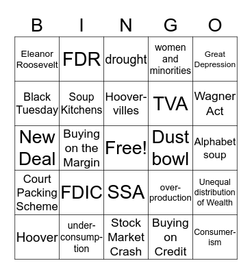 Great Depression Bingo Card
