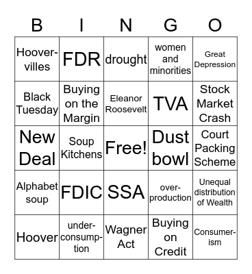 Great Depression Bingo Card