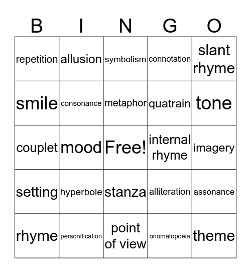 Poetic Devices Bingo Card