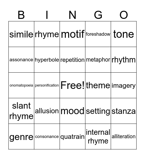 Poetic Devices Bingo Card