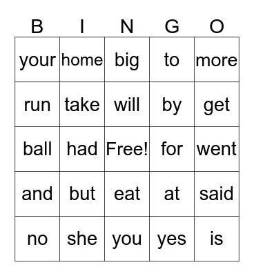 Sight Words Bingo Card
