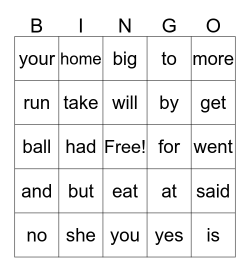 Sight Words Bingo Card