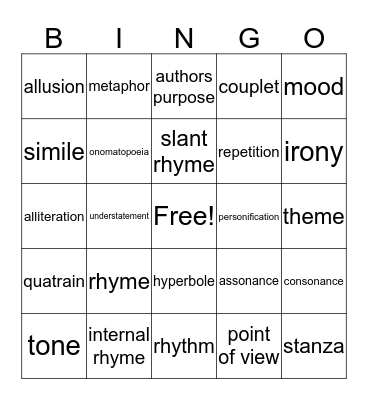 Poetic Devices Bingo Card