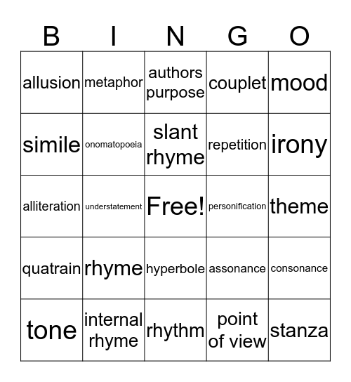 Poetic Devices Bingo Card