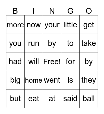 Sight Words Bingo Card