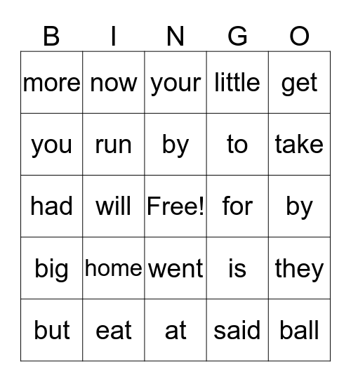 Sight Words Bingo Card