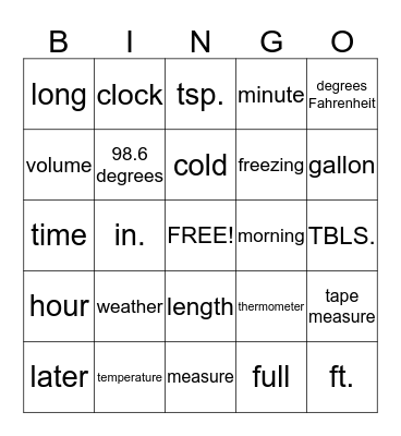 Measurement Words Bingo Card