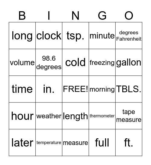 Measurement Words Bingo Card