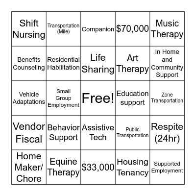 Service Definition Bingo Card