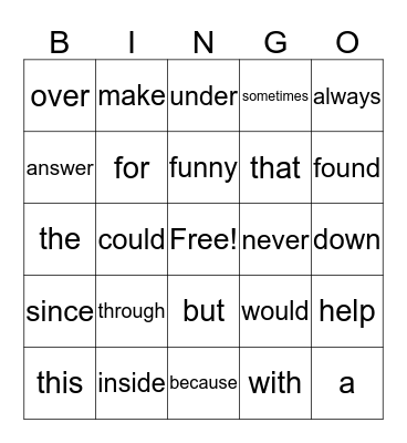 Snap Word BINGO Card