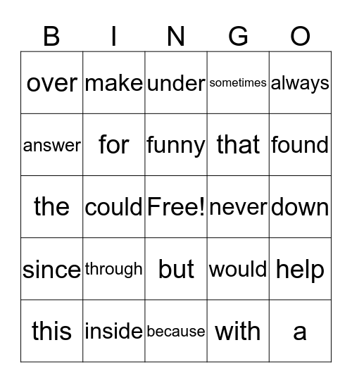 Snap Word BINGO Card
