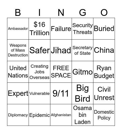 VP DEBATE BINGO 10/11/12 Bingo Card