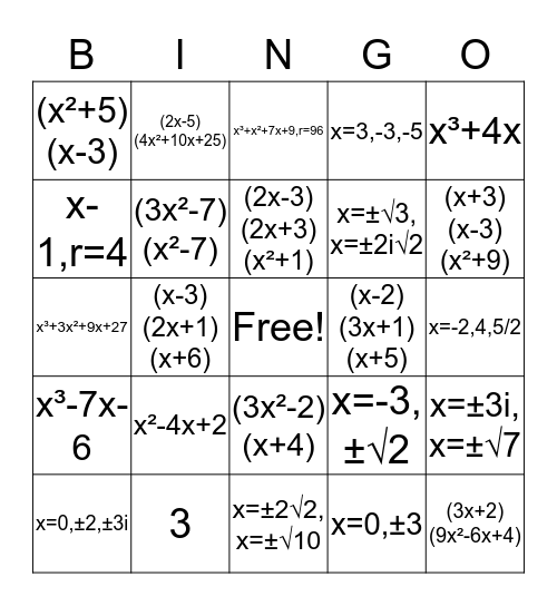 A2: Unit 3 Review Bingo Card