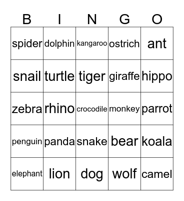 Animals Bingo Card