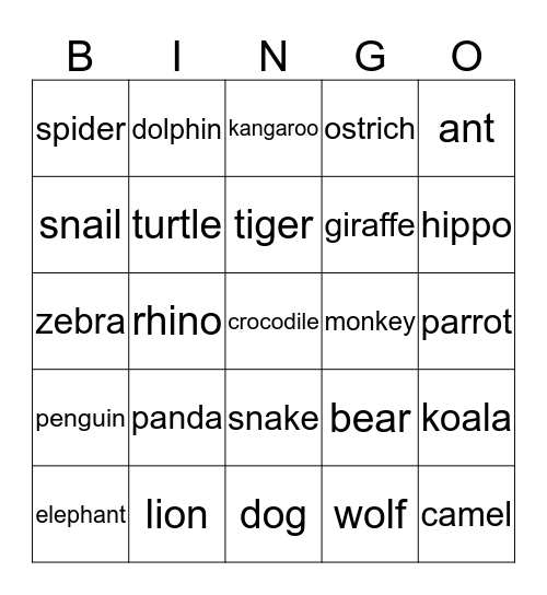 Animals Bingo Card