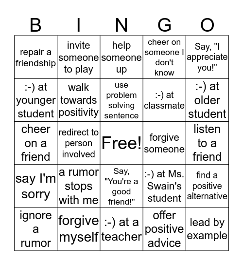Ms. Swain's Positivity Heroes Bingo Card