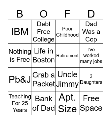 Bank of Dad Bingo Card