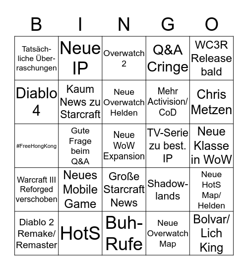 Blizzcon 2019 Bingo Card