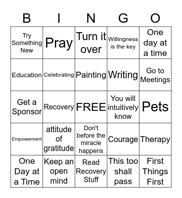 Recovery Bingo Card