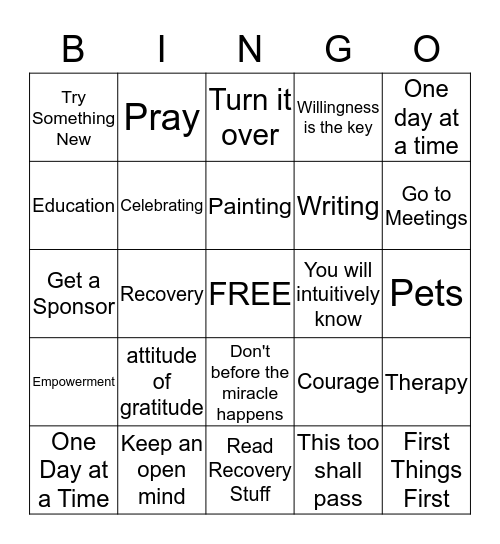 Recovery Bingo Card