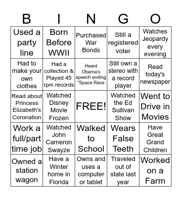 Senior Saints Bingo Card