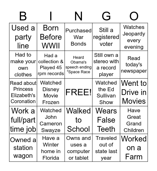 Senior Saints Bingo Card