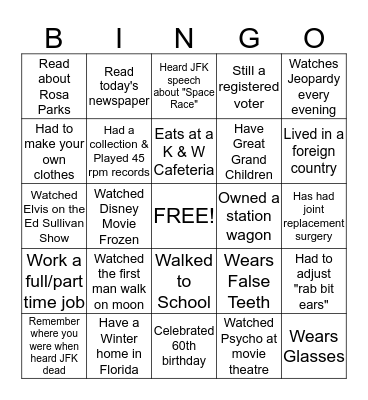 Senior Saints Bingo Card