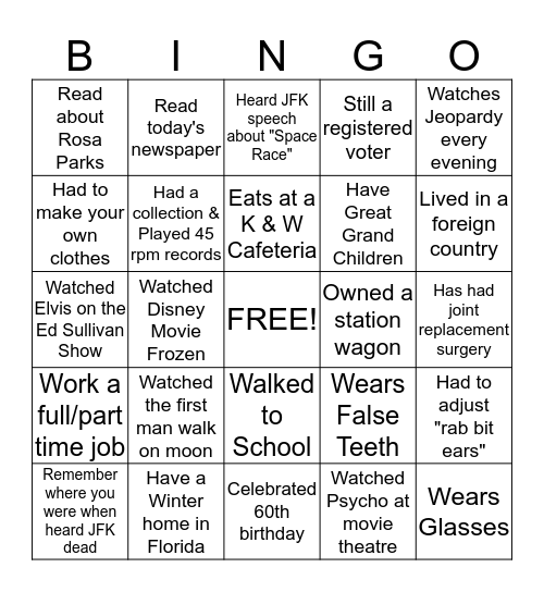 Senior Saints Bingo Card