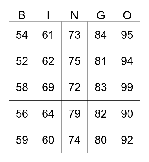 Numbers 50-100 Bingo Card