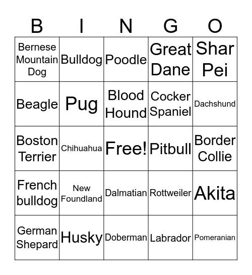 Dog Breeds Bingo Card