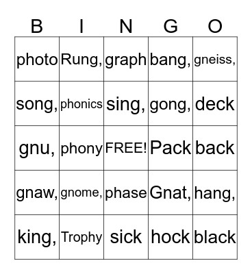 Consonant Digraph ,kn,gn,ph,ck Bingo Card