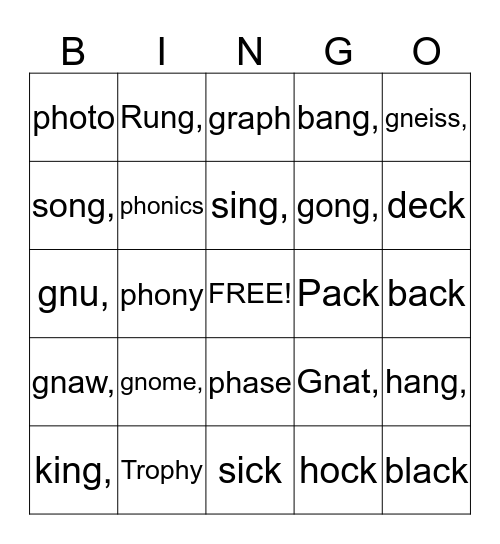 Consonant Digraph ,kn,gn,ph,ck Bingo Card