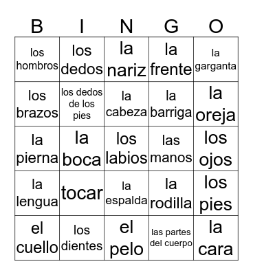 Las Partes Del Cuerpo Bingo Card