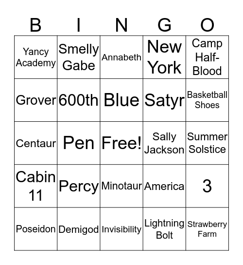 Percy Jackson: The Lightning Thief BINGO Card