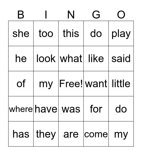 Sight Words (k) Bingo Card