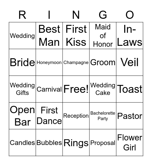 Erin's Bridal Shower Bingo Card