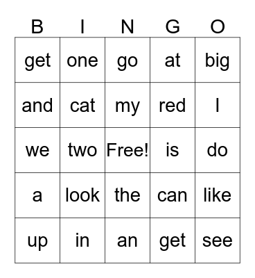Sight Word Bingo Card