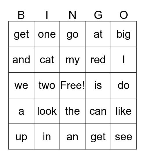 Sight Word Bingo Card