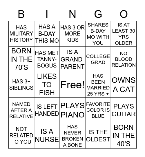 PATE FAMILY REUNION 2019 Bingo Card