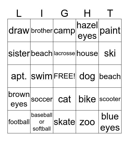 Kids Camp 2014 Bingo Card