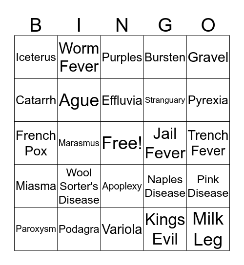 Cause of Death Bingo Card