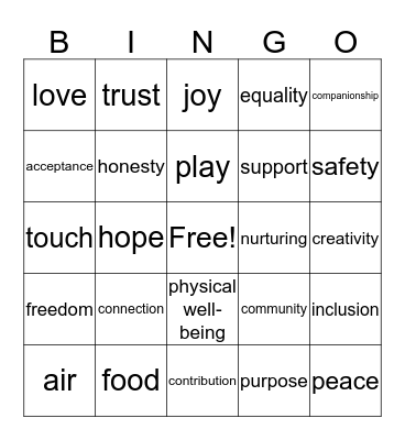 Needs Bingo Card