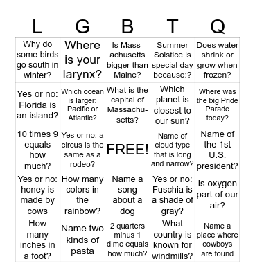 For each square, enter the correct answer Bingo Card